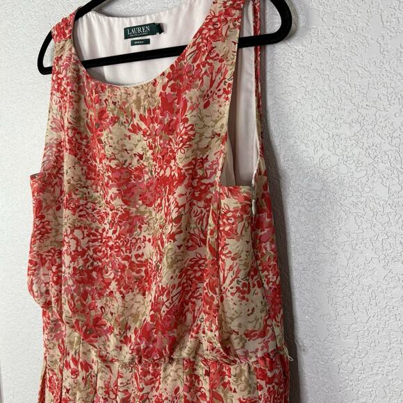Ralph Lauren LRL Fit And Flare Dress Floral Coral Mu Pleated Chiffon Size 18 - Picture 4 of 7